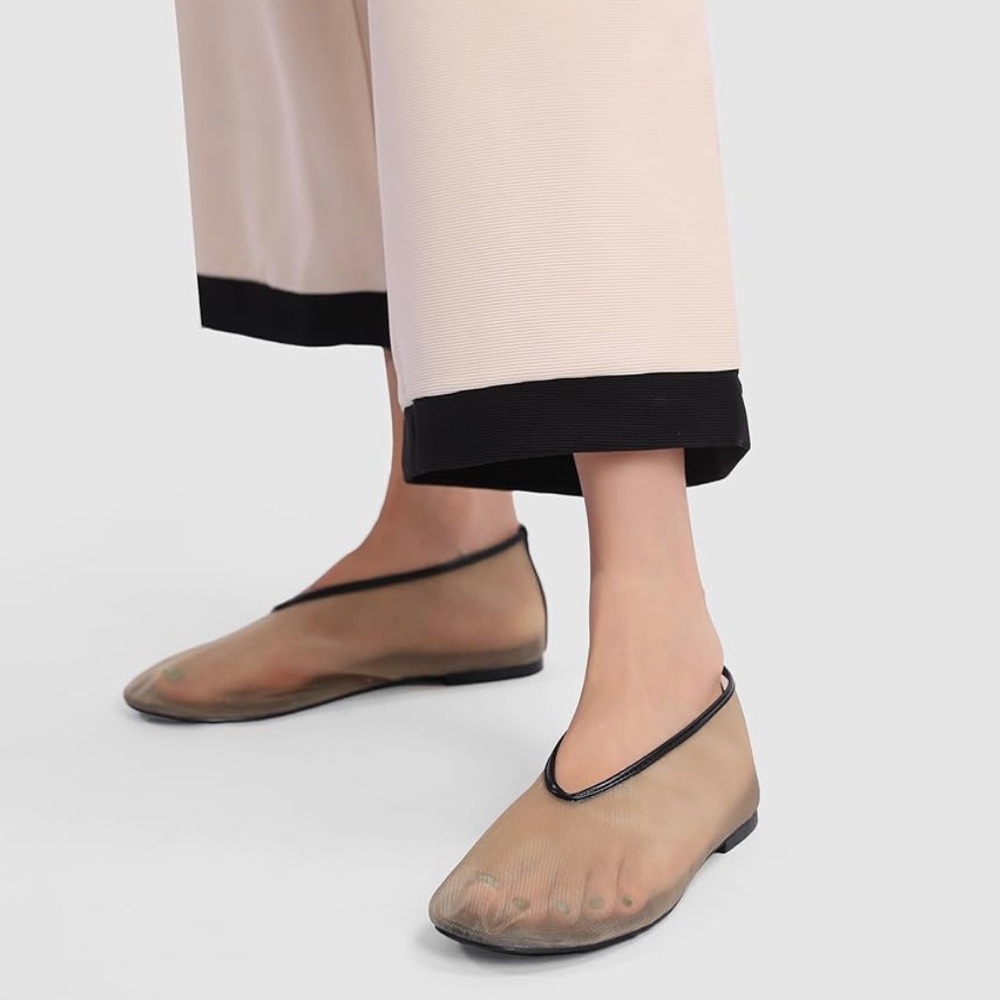 Sheer Mesh Ballet Flats in Nude with Black Trim